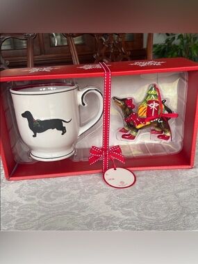 Festive spectrum mug and blue sky clay works Dachshund Mug and Ornament Set